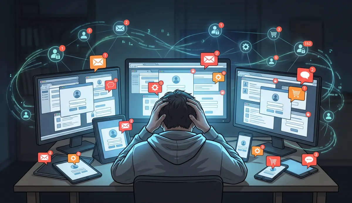 A person at a desk surrounded by a tangle of login windows, password prompts and security alerts